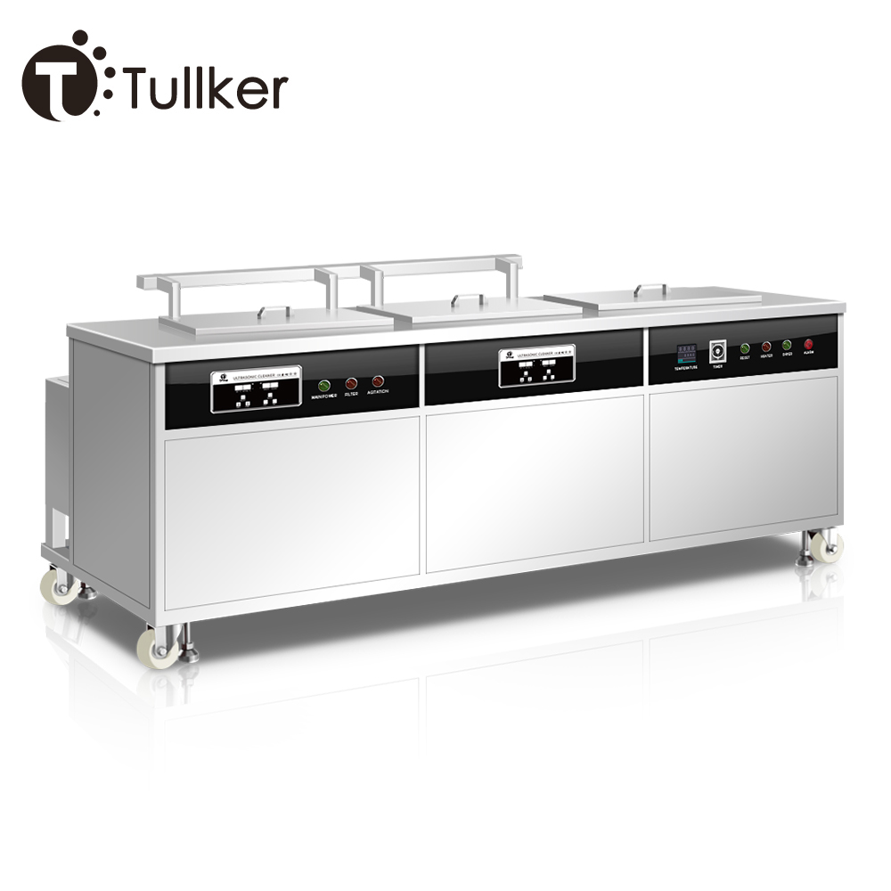 Three tank ultrasonic cleaner with agitation